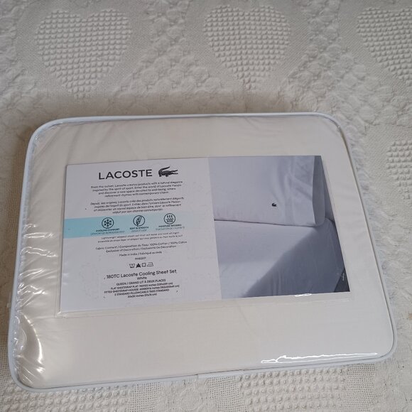 Lacoste Sheet Set White 4pcs Cooling Solid 100% Cotton size Queen - Picture 1 of 10